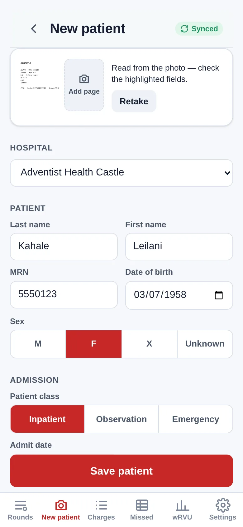 New patient screen filled in from a photographed face sheet