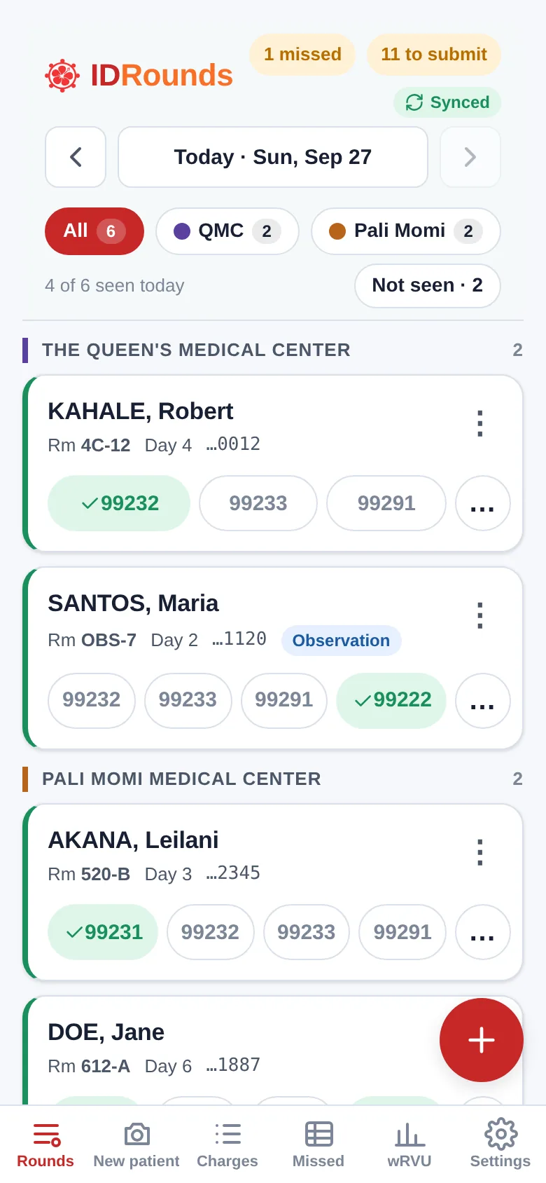 idrounds census on a phone: patients grouped by hospital, each with one-tap visit codes